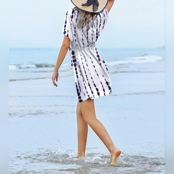 Womens Swimsuit Cover Up V Neck Short Sleeve Beachwear Dress, Black & White, MED - Picture 3 of 7
